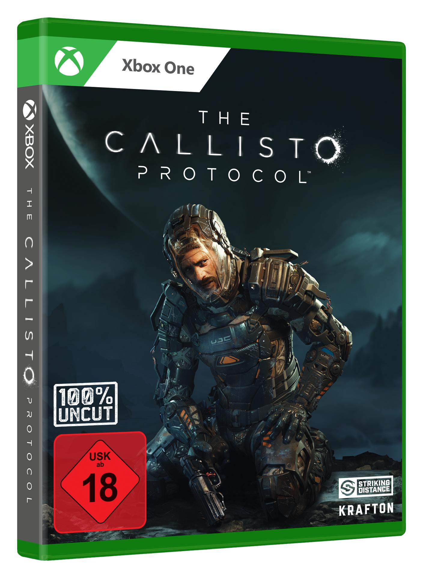 Spielcover für The Callisto Protocol auf Xbox One. Mann im Raumanzug vor einem Planeten. USK 18 Logo.