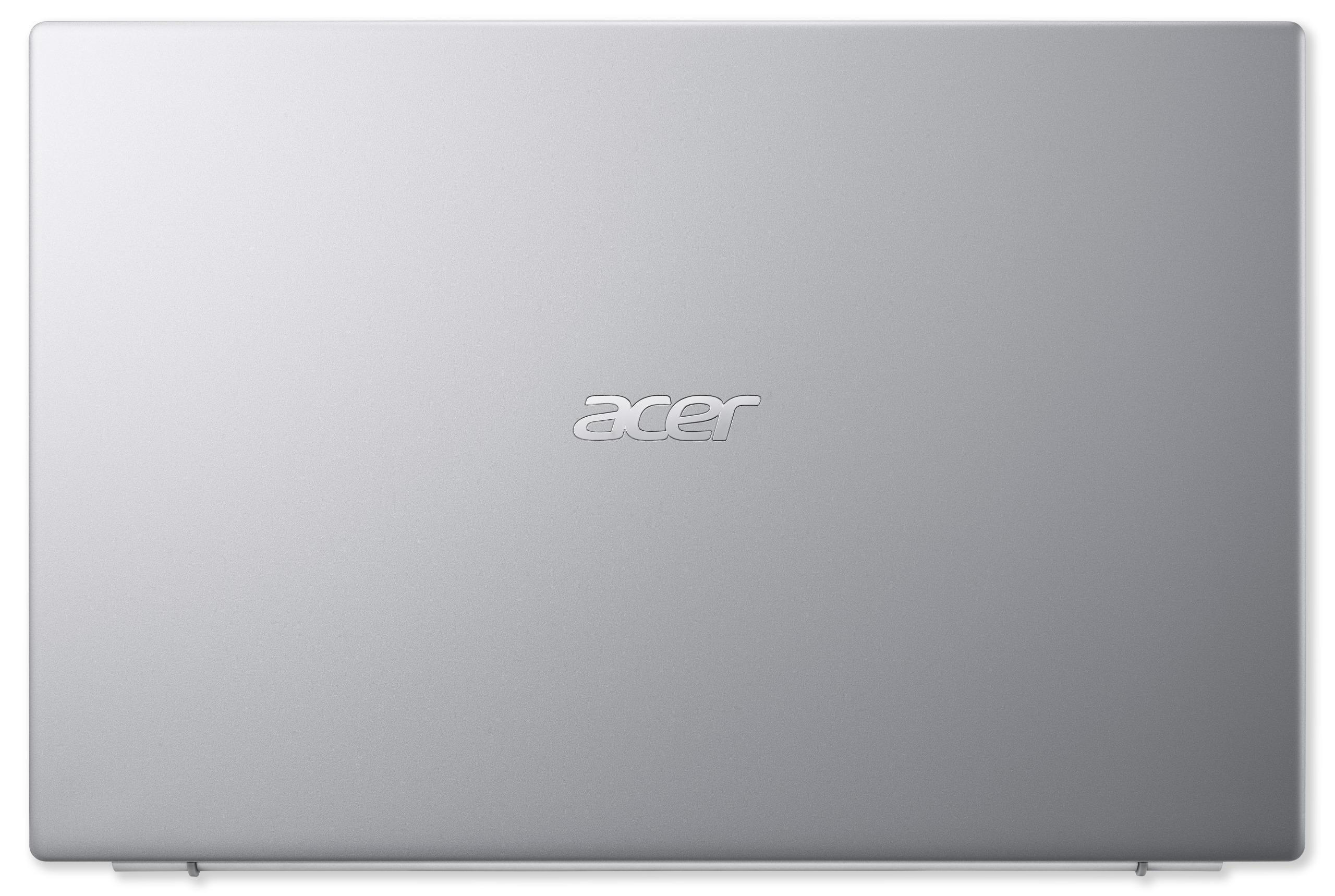 Draufsicht auf einen geschlossenen silbernen Laptop mit dem Wort 'acer' in der Mitte.