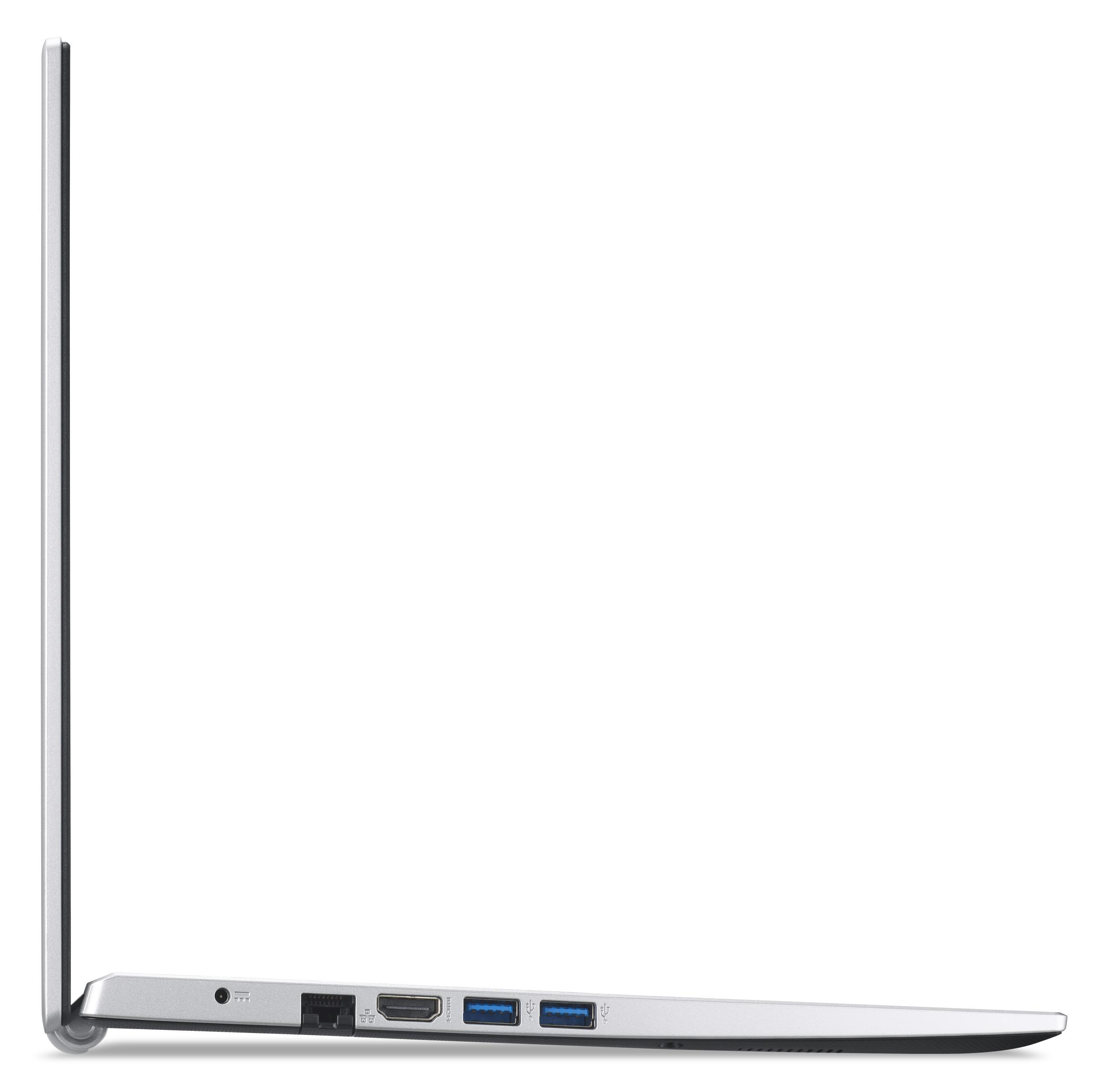 Seitenansicht eines silbernen Acer-Laptops mit Anschlüssen auf der linken Seite. Der Bildschirm ist geschlossen.