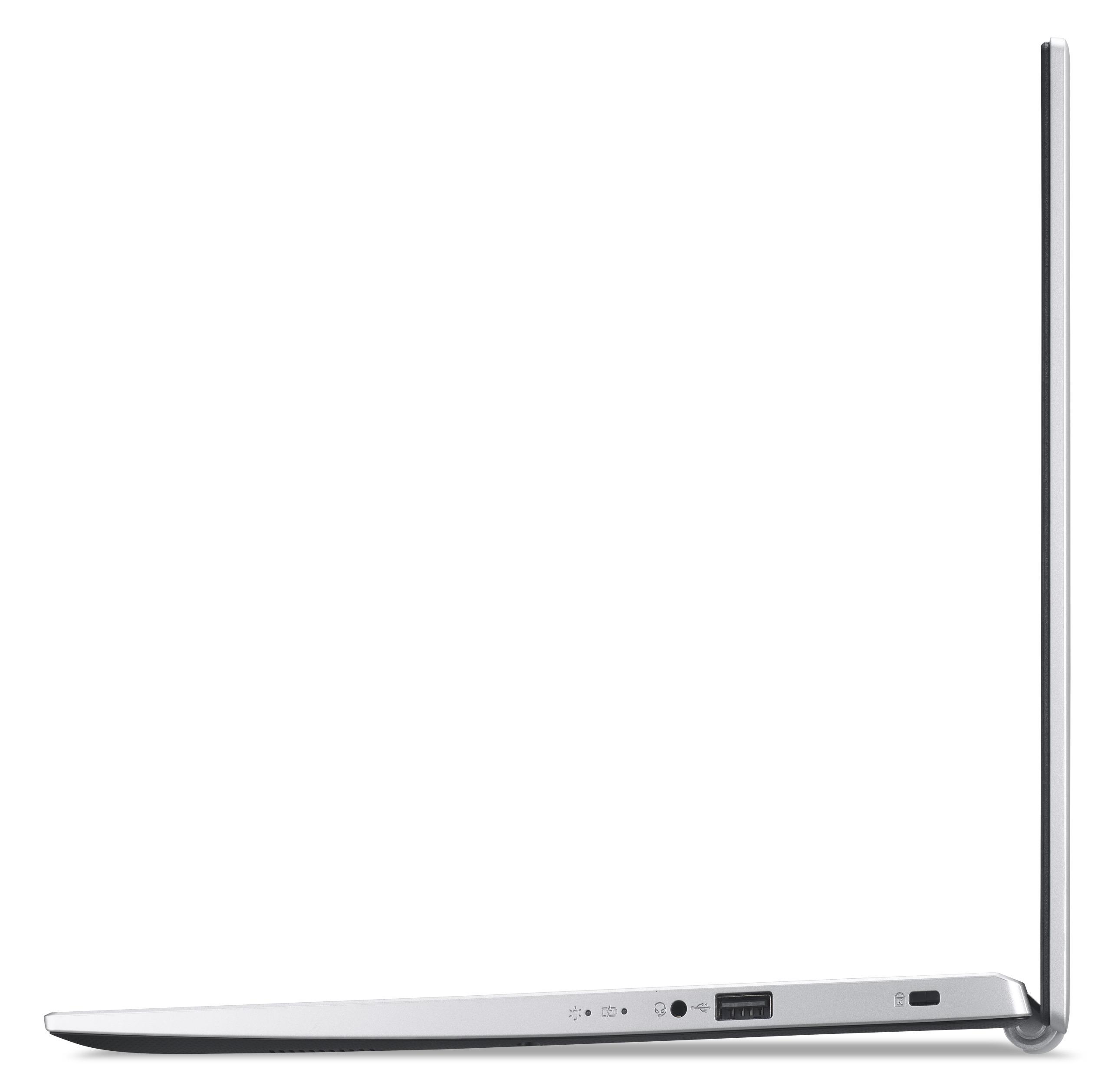 Seitenansicht eines silbernen Laptops mit Anschlüssen und schlankem Profil.