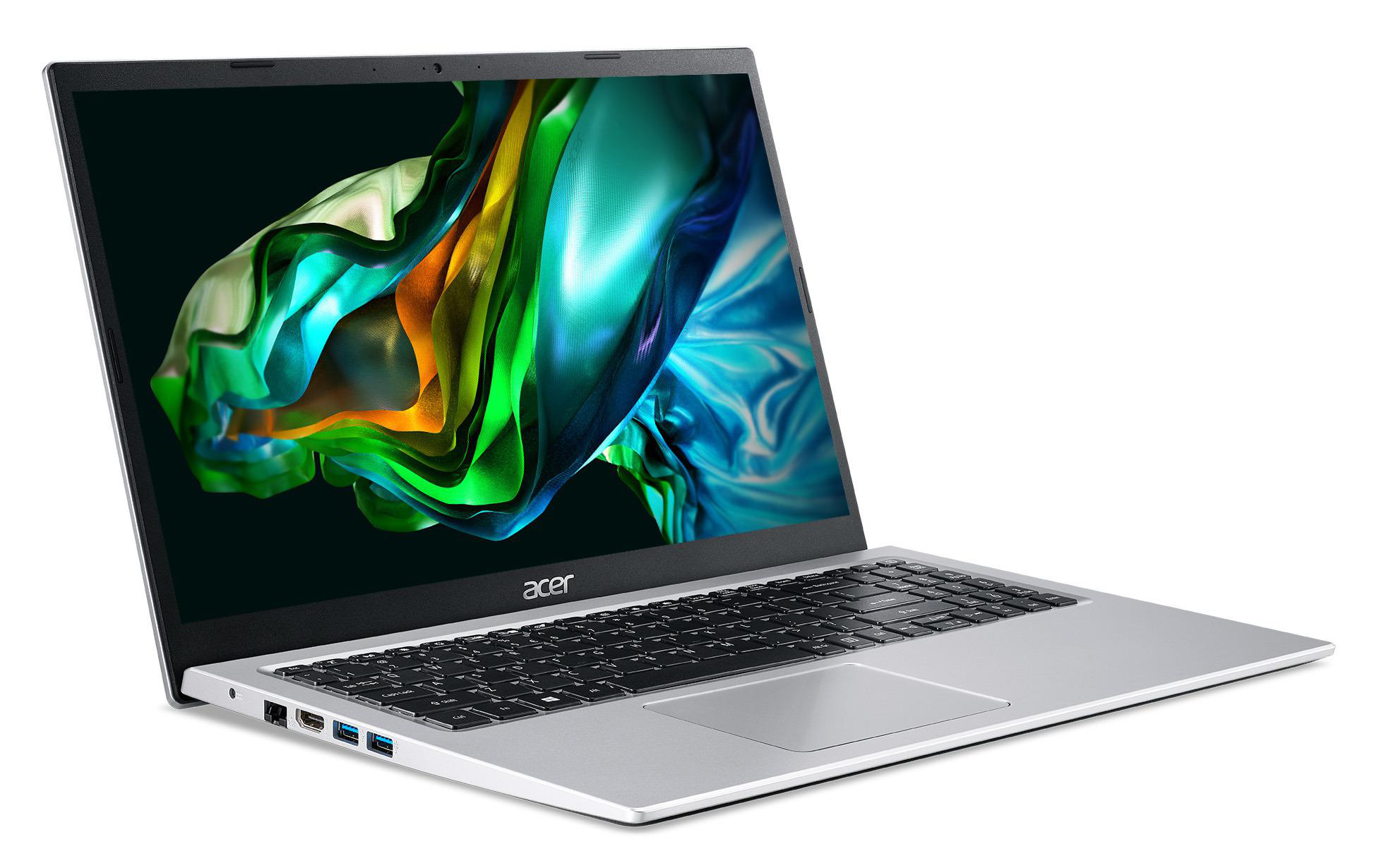 Ein silberner Acer-Laptop, geöffnet, auf weißer Oberfläche. Der Bildschirm zeigt Kunst.