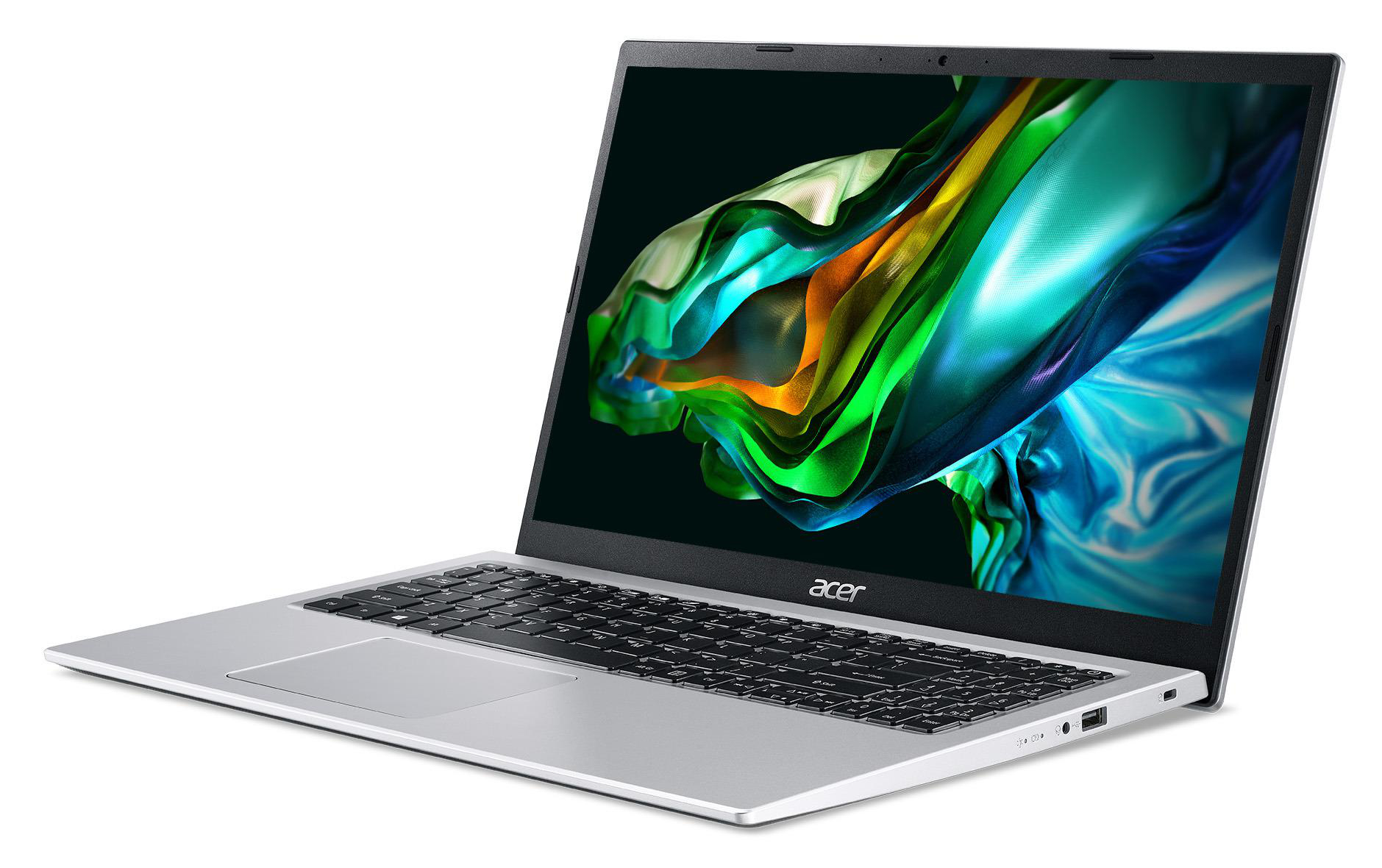 Silberner Laptop geöffnet auf weißer Oberfläche, mit farbenfrohem Bildschirm.