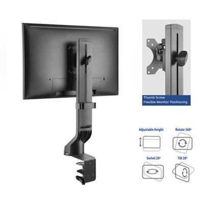 Een monitor is gemonteerd op een zwarte standaard met een klem voor bureau bevestiging.