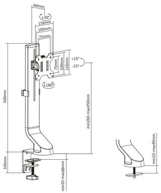 Diagram van een monitorarm, met afmetingen en hoeken voor aanpassing en montage.