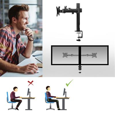 Man die op de computer werkt, met monitorstandaard en illustratie van de juiste houding.