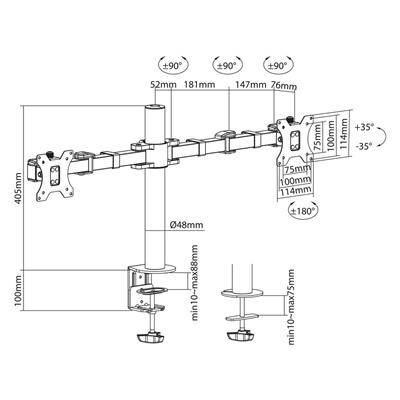 Technische tekening van een monitorbeugel met afmetingen en hoeken.
