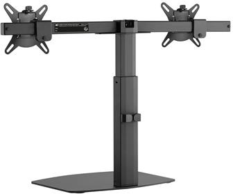 Dubbele monitorstandaard, zwart, met twee monitoren bevestigd.