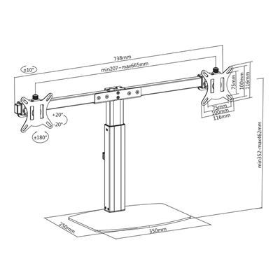 Een technische tekening van een monitorstandaard met afmetingen. Het is grijs en ontworpen voor twee monitoren.