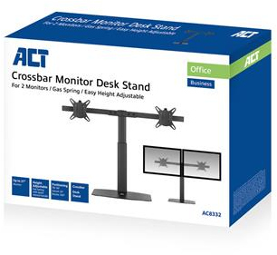 Een doos voor een Crossbar Monitor Desk Stand, met twee monitoren op een standaard, en het merklogo.