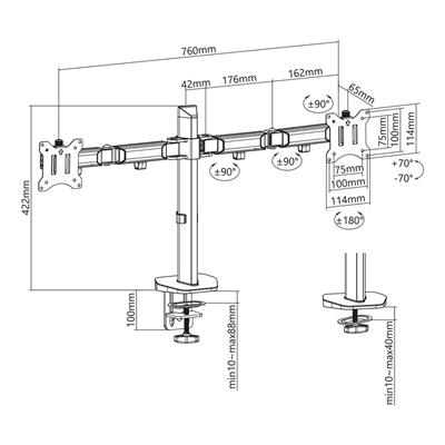 Technische tekening van een monitorarm met afmetingen in millimeters. Het is zilver en zwart.