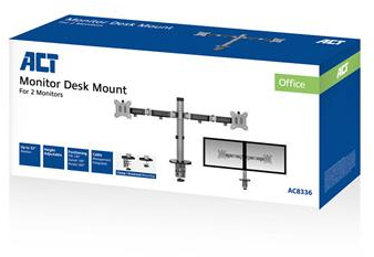 Monitor bureauhouder doos met het product erin. De doos is wit en blauw en toont de monitor.