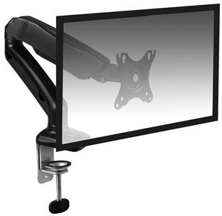Zwarte monitor gemonteerd op een verstelbare arm met een klemvoet.