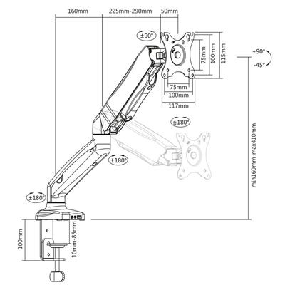 Technische tekening van een monitorstandaard met afmetingen en hoeken.
