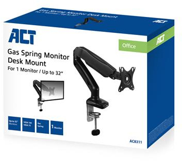Een doos met een monitorarm. Toont de arm en een monitor op de doos.