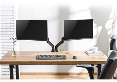 Twee monitoren op een bureau met toetsenbord, muis en een vaas.