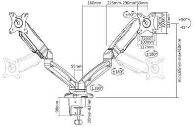 Diagram van een dubbele monitorarm met afmetingen. De armen staan in meerdere posities.