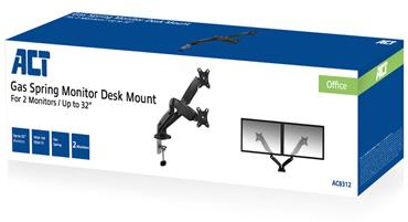 Doos met een monitor bureausteun voor twee monitoren. De doos is wit en blauw.