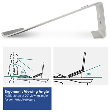 A laptop stand, designed to promote an ergonomic viewing angle, with diagrams explaining the correct posture.
