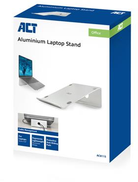 Box for an aluminum laptop stand. It shows the stand, a laptop, and features. Blue and white colors.
