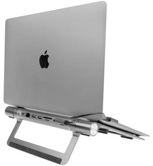 A silver laptop on a stand.