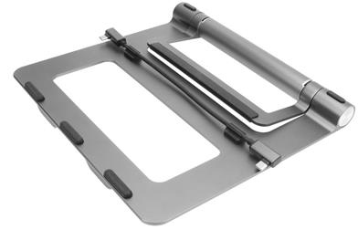 A silver laptop stand with a charging port and a cable.