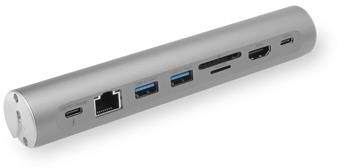 Silver cylindrical USB-C hub with multiple ports including Ethernet and HDMI.