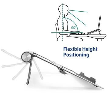 Laptop stand with flexible height positioning and an illustration of proper posture.