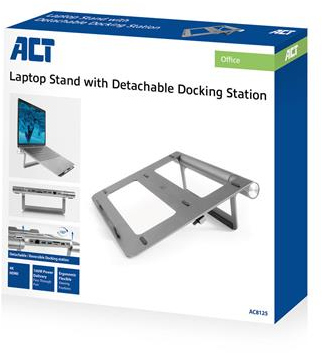 Boxed laptop stand with a detachable docking station. Includes images of the product.