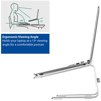 Laptop on a silver stand, showing ergonomic viewing angle diagram.