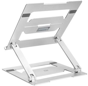 Silver laptop stand with adjustable hinges, designed to elevate a laptop for better ergonomic use.