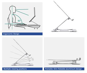 Diagrams showing laptop stand with ergonomic design and multiple positions.