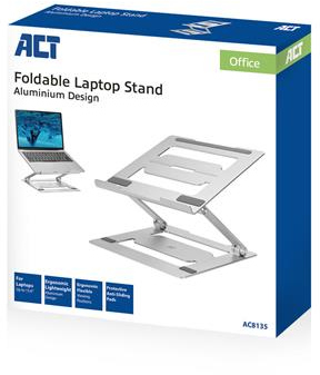 A white and blue box displays a foldable laptop stand.