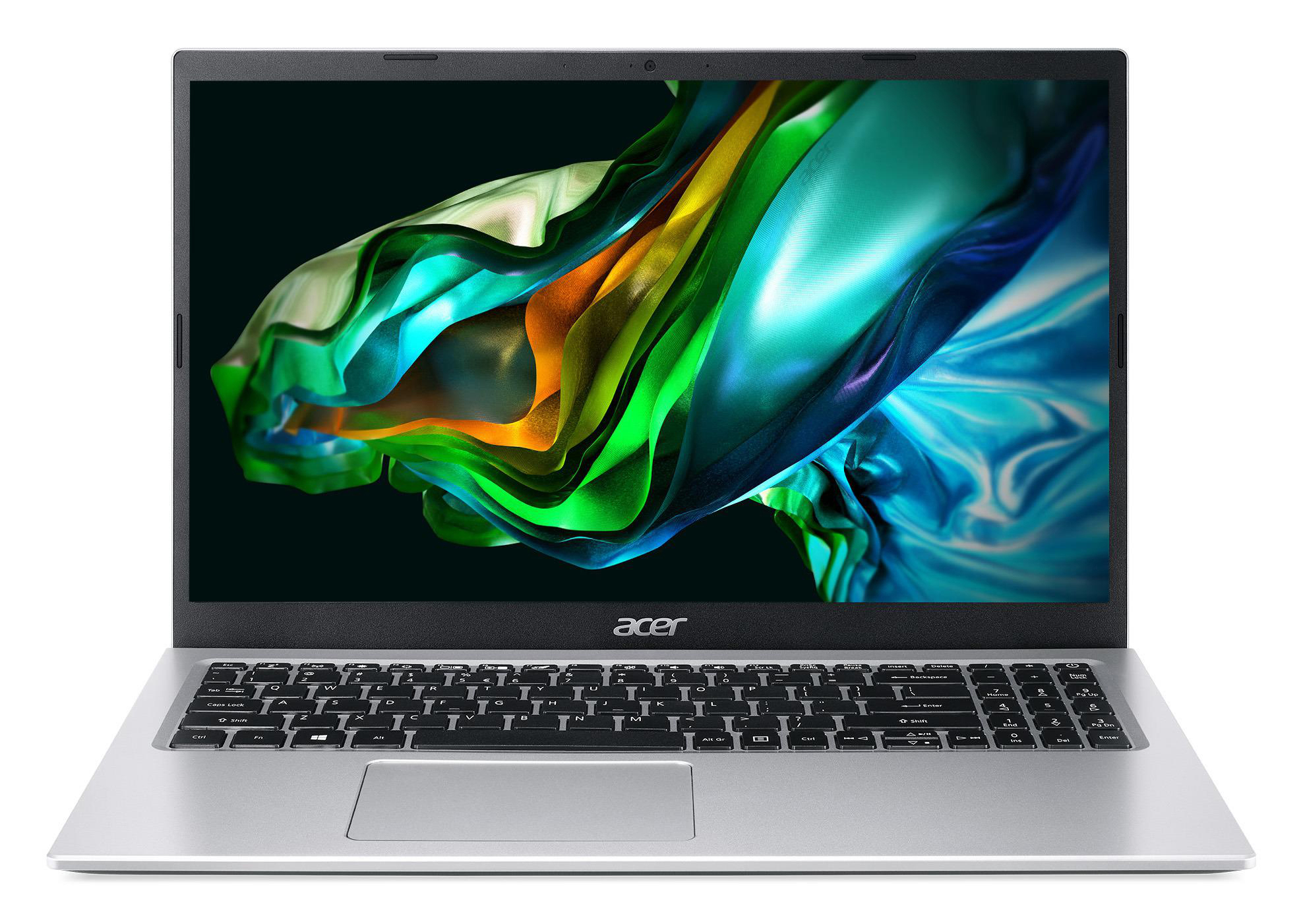 Silberner Acer Laptop mit voller Tastatur, einem Bildschirm mit abstrakten blauen und grünen Wellen und einem Trackpad.