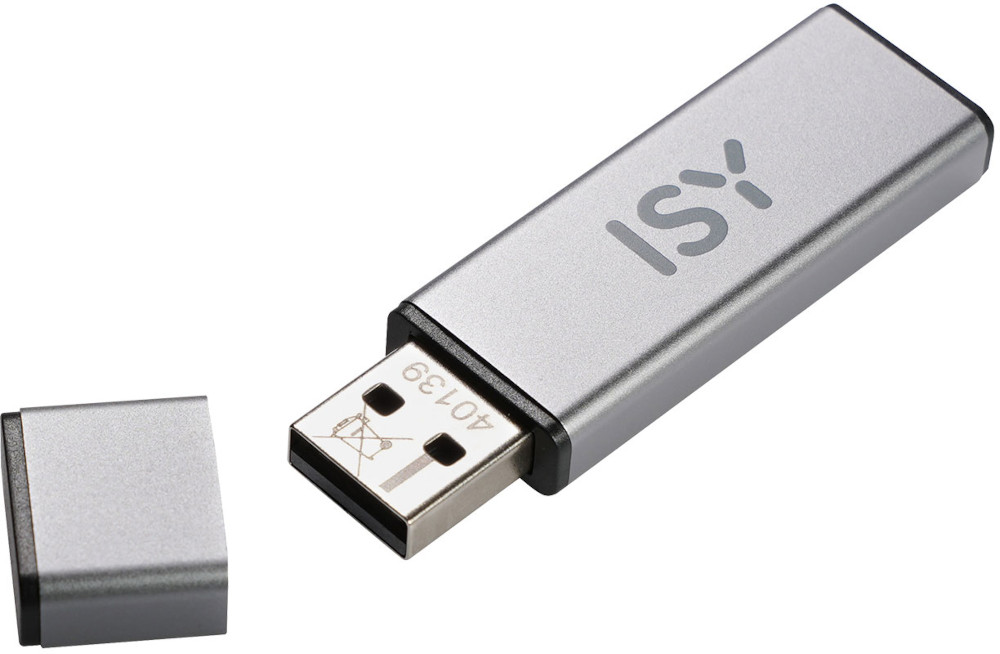 Silver USB drive with a cap lying beside it on a white background.