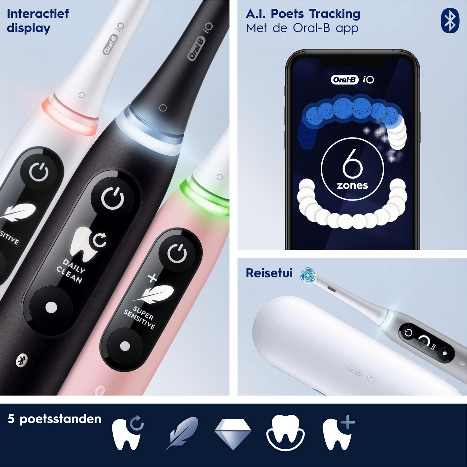 Electric toothbrushes in white, black, and pink. Displays include brushing modes and a smart app.