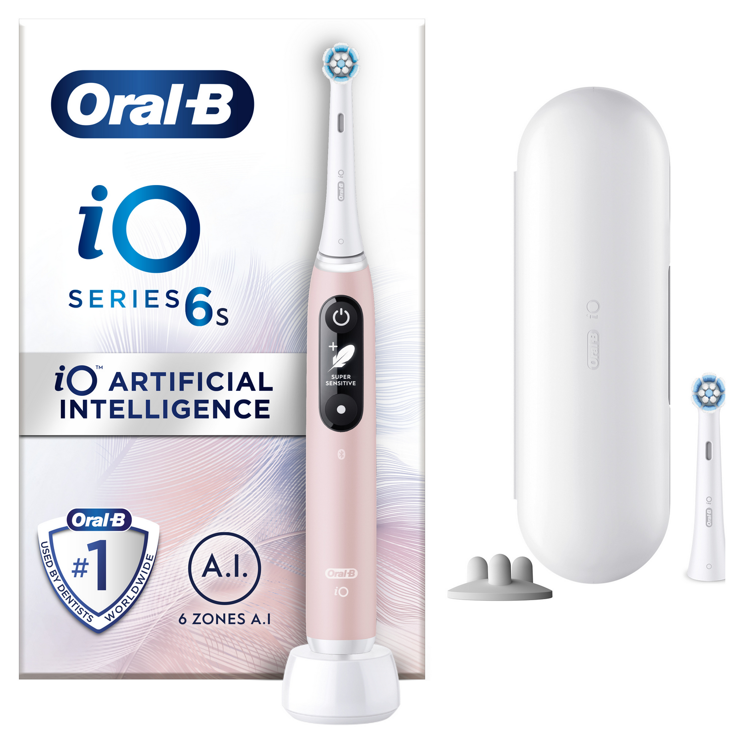 A pink Oral-B electric toothbrush with a charger, and two brush heads.