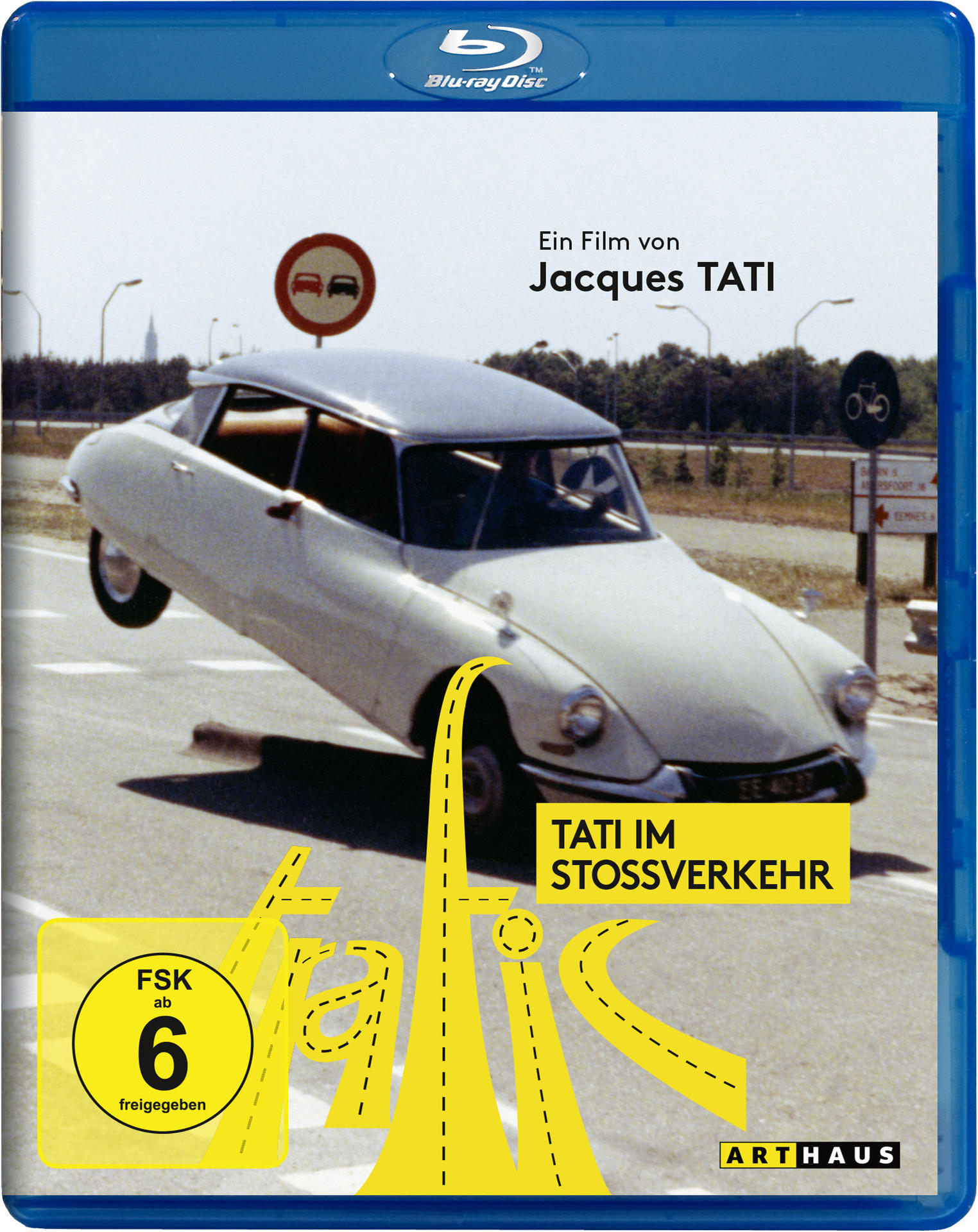Filmcover: Weißes Auto in Bewegung, gelbe Linien, blauer Hintergrund, Filmtitel.