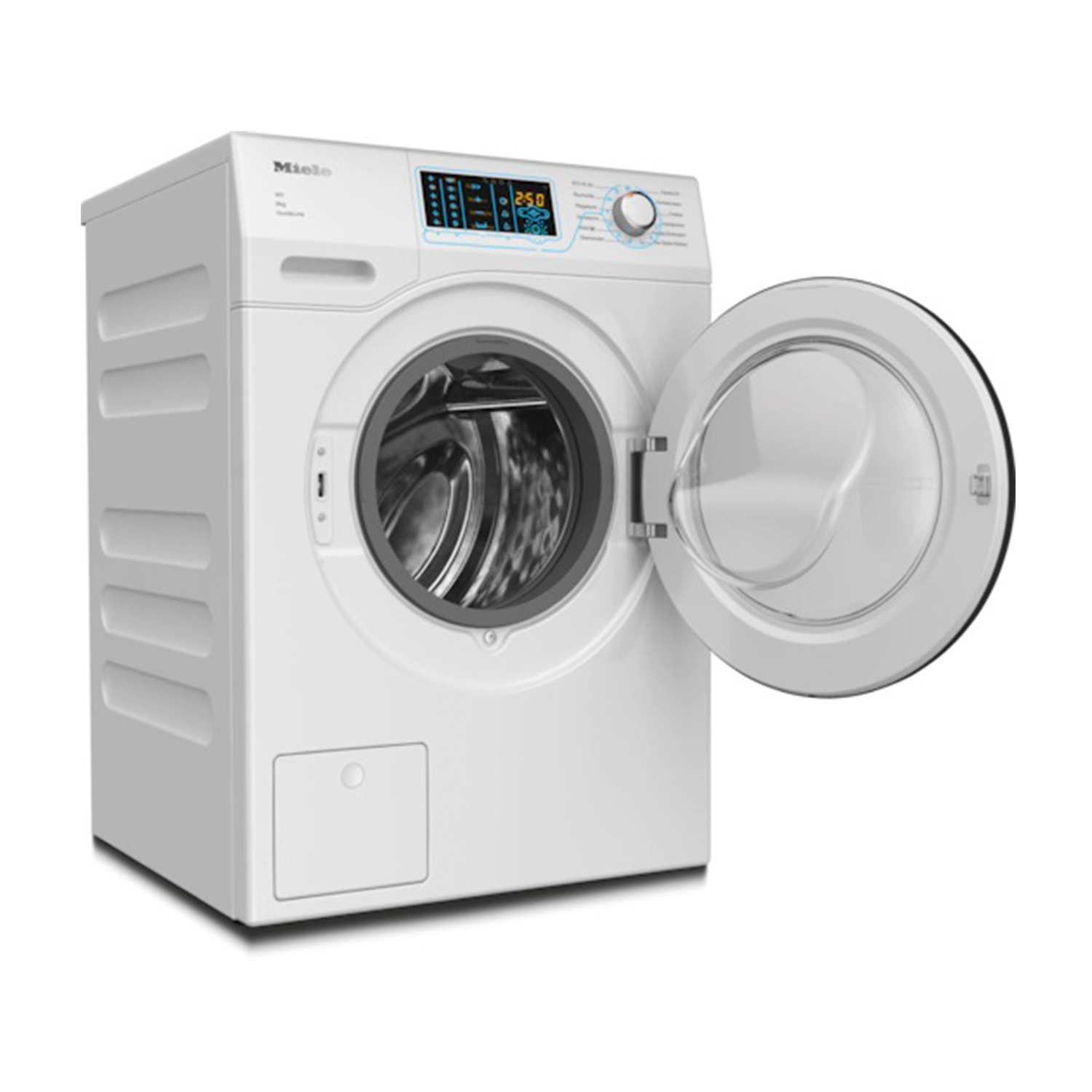 Lavatrice bianca con porta aperta. Display digitale visibile. La macchina è isolata su sfondo bianco.