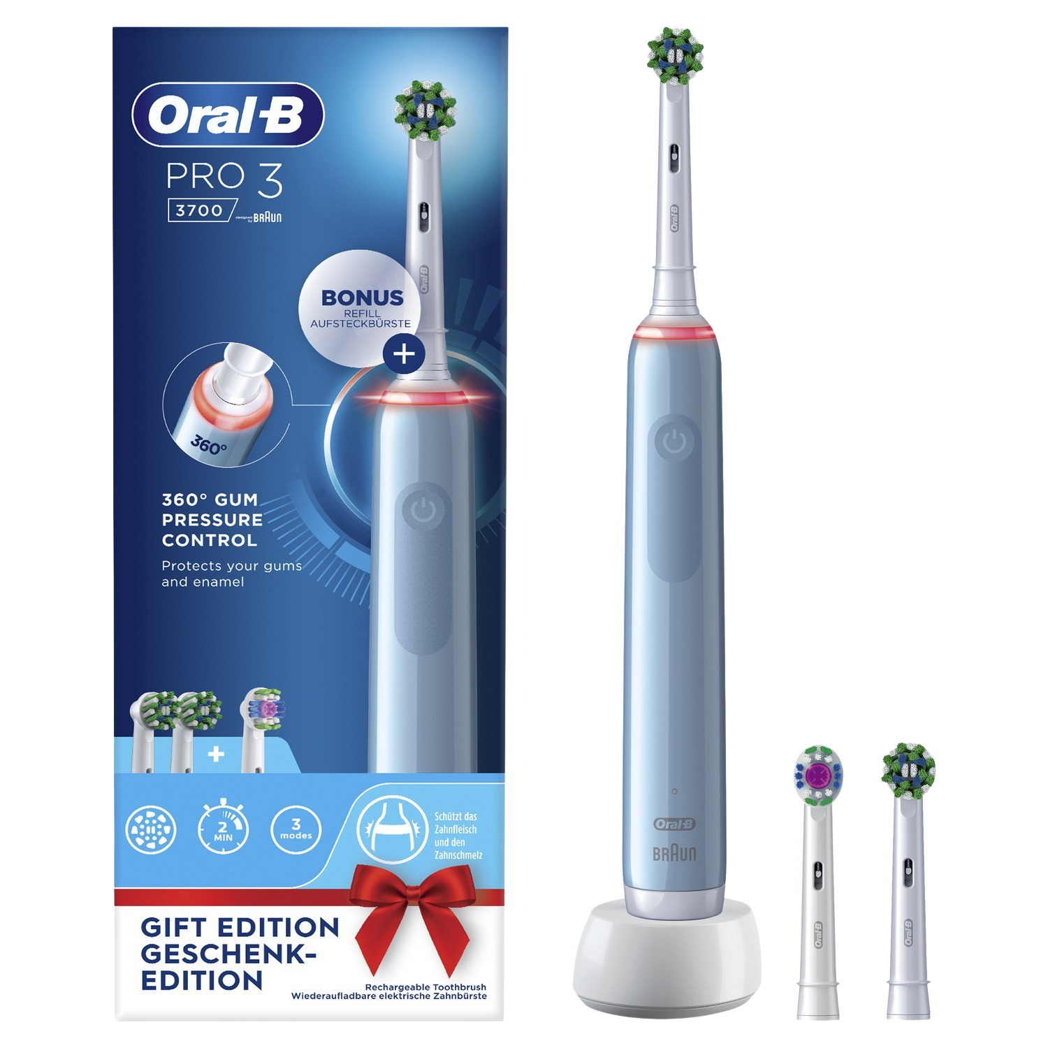 Oral-B Pro 3 elektrische tandenborstelverpakking. Tandenborstel en reservekoppen zijn zichtbaar.