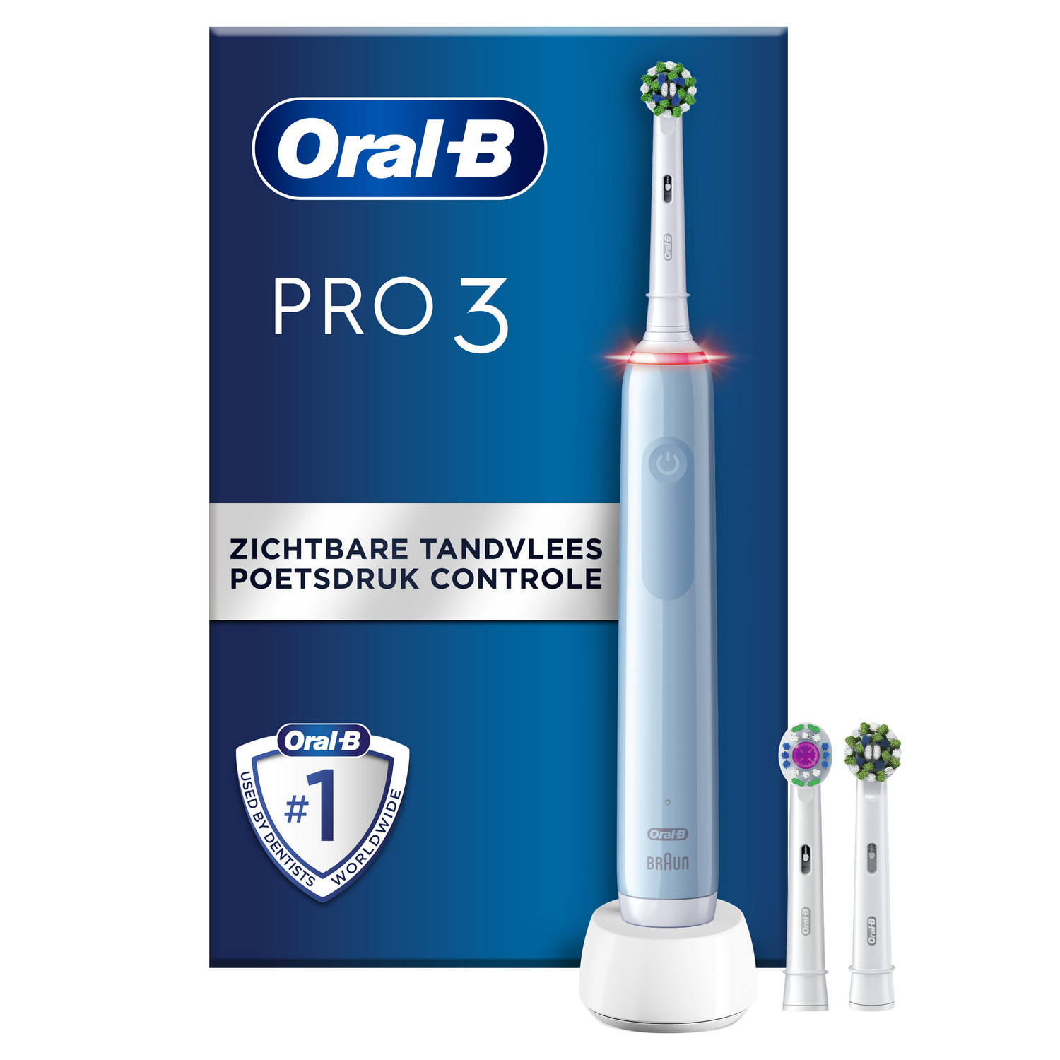 Oral-B Pro 3 elektrische tandenborstel met een basis en twee extra opzetborstels.