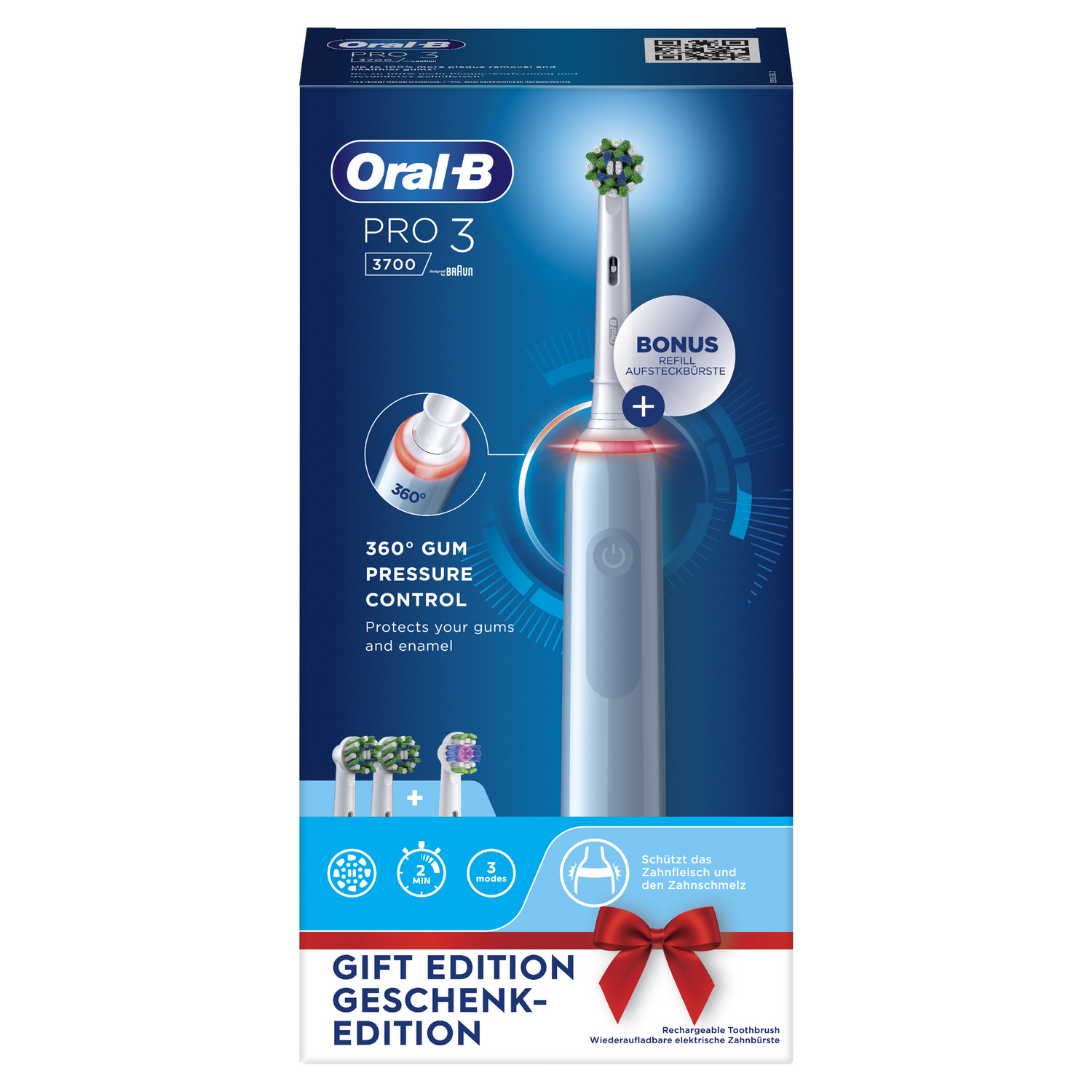 Oral-B Pro 3 elektrische tandenborstel op doos, wit en groen. Inclusief bonusvulling.
