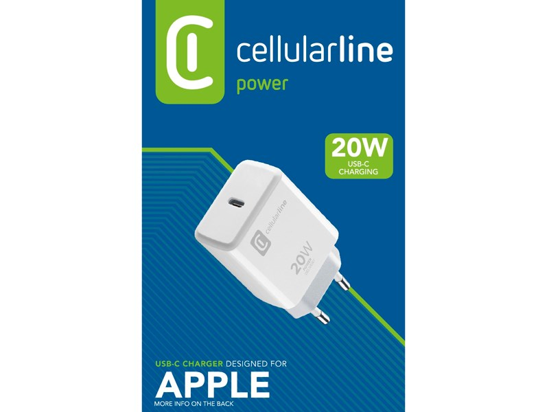 Cargador cellularline blanco con fondo azul, USB-C y texto 20W.