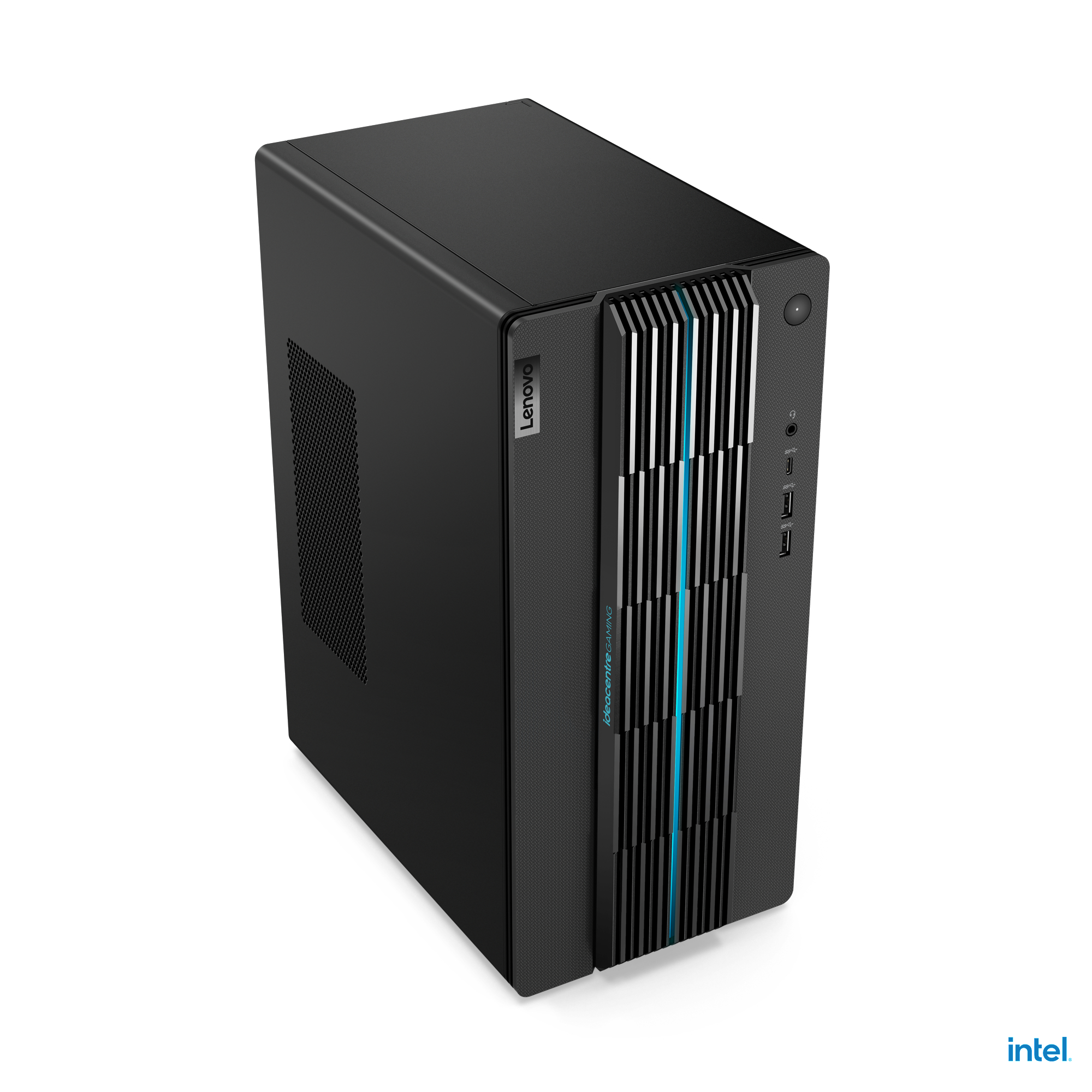 Schwarzer Lenovo-Desktop-Computer mit blauen Lichtern. Intel-Logo unten rechts.