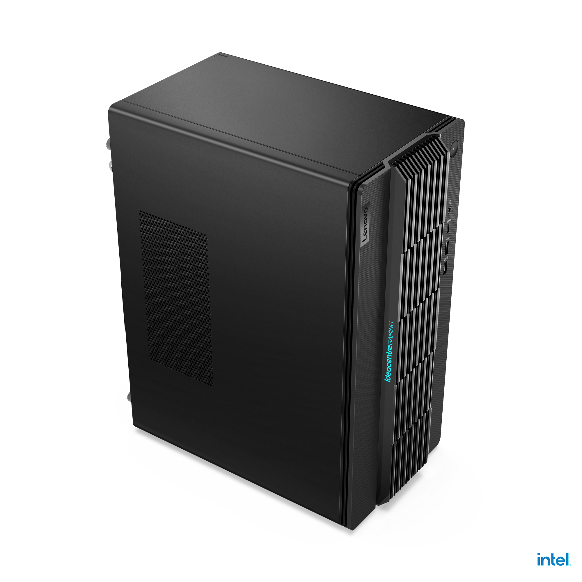 Schwarzer Lenovo Desktop-Computer. Die Frontplatte hat ein Gittermuster und blaue Akzente. Das Gehäuse ist schwarz.