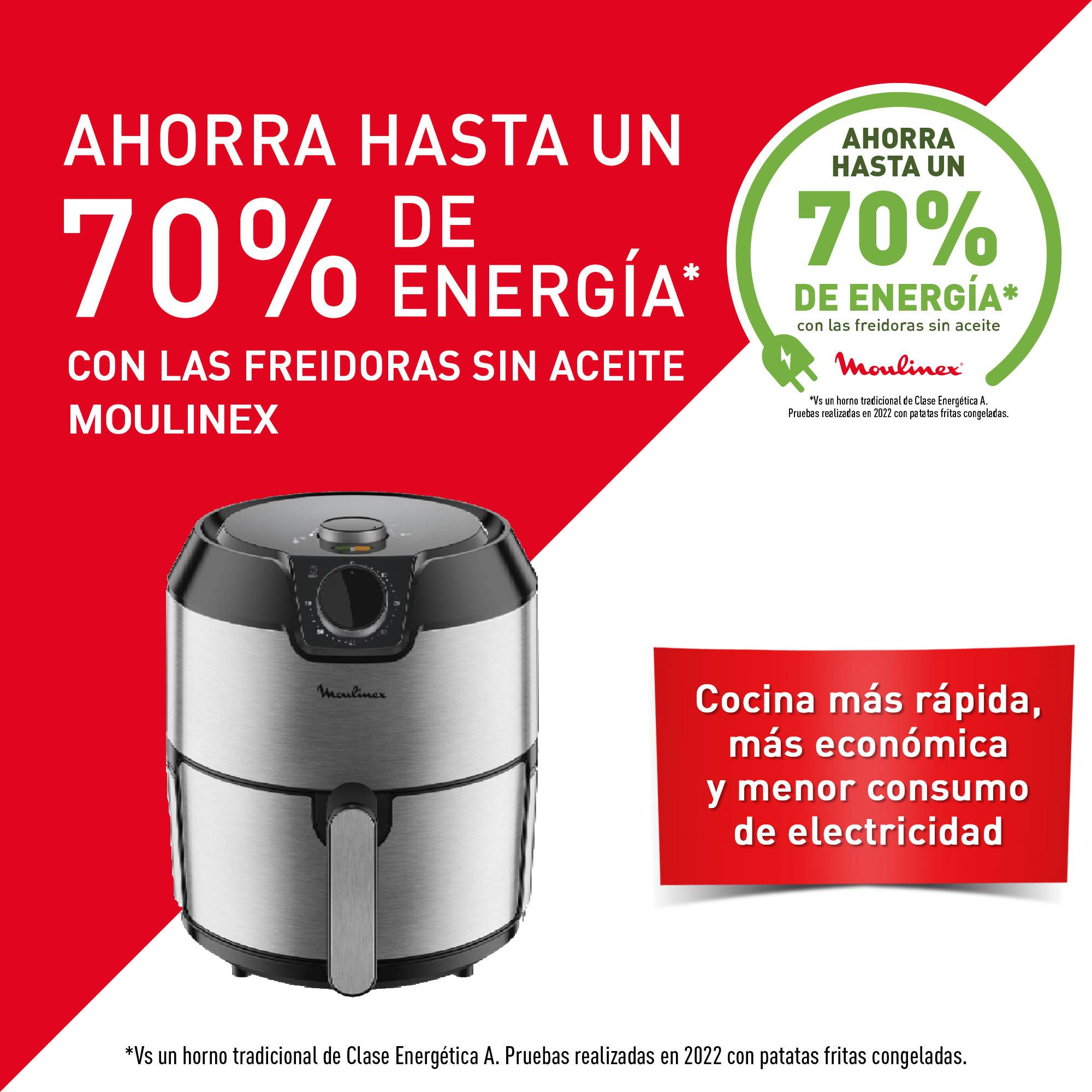 Una freidora de aire con texto sobre el ahorro de energía con freidoras Moulinex sin aceite.