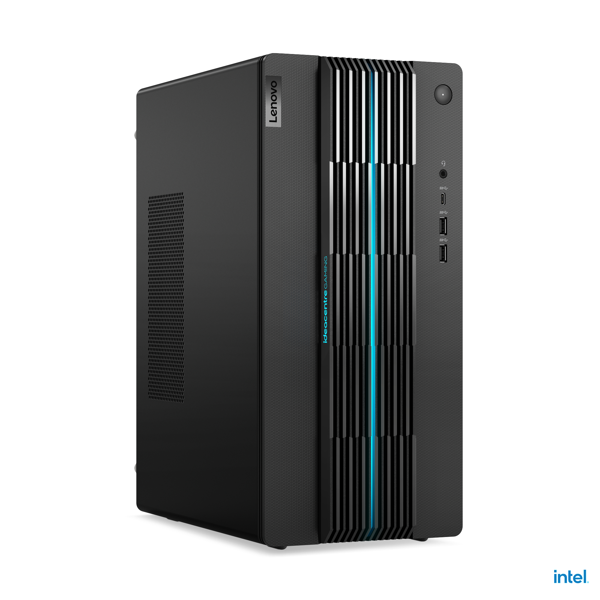 Ein schwarzer Desktop-Computer-Tower mit blauen Akzenten. Das Lenovo Ideacentre Gaming-Logo ist sichtbar.