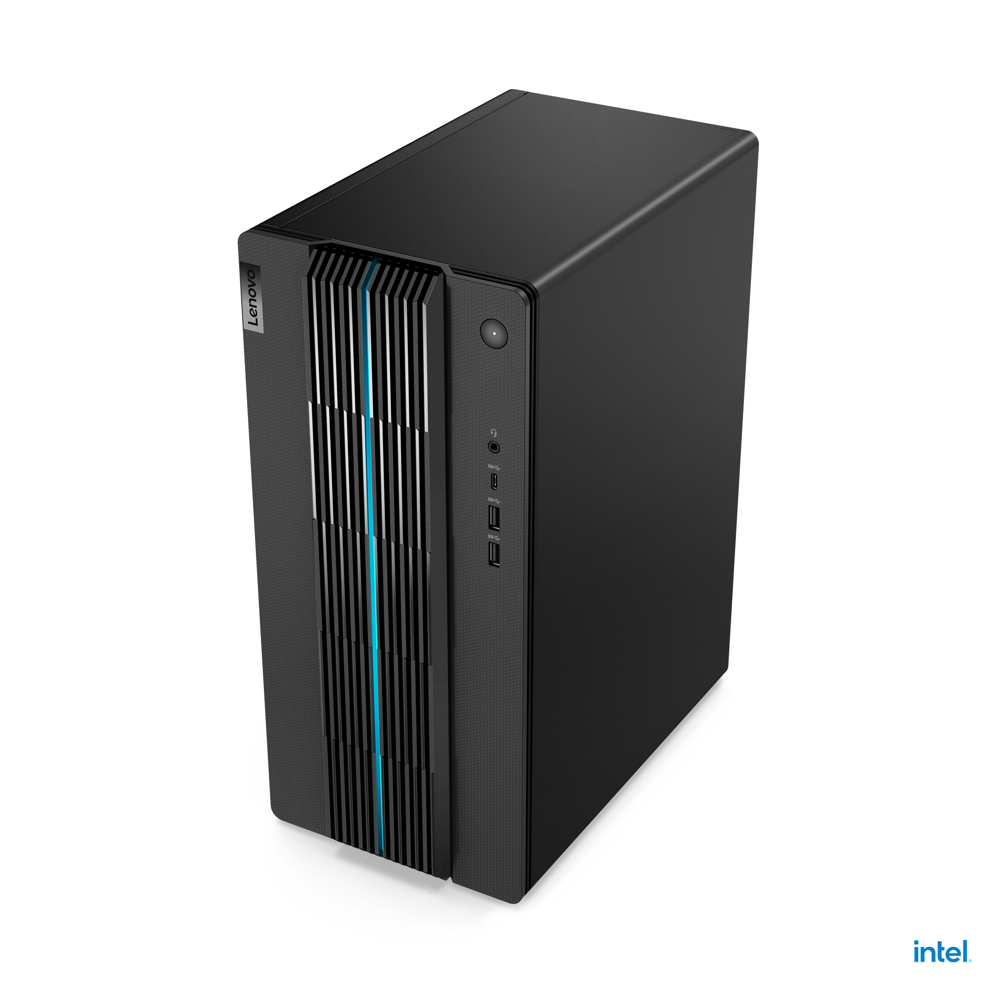 Schwarzer Lenovo-Desktop-Computer. Verfügt über eine Frontplatte mit blauen vertikalen Akzenten und Anschlüssen. Weißer Hintergrund.