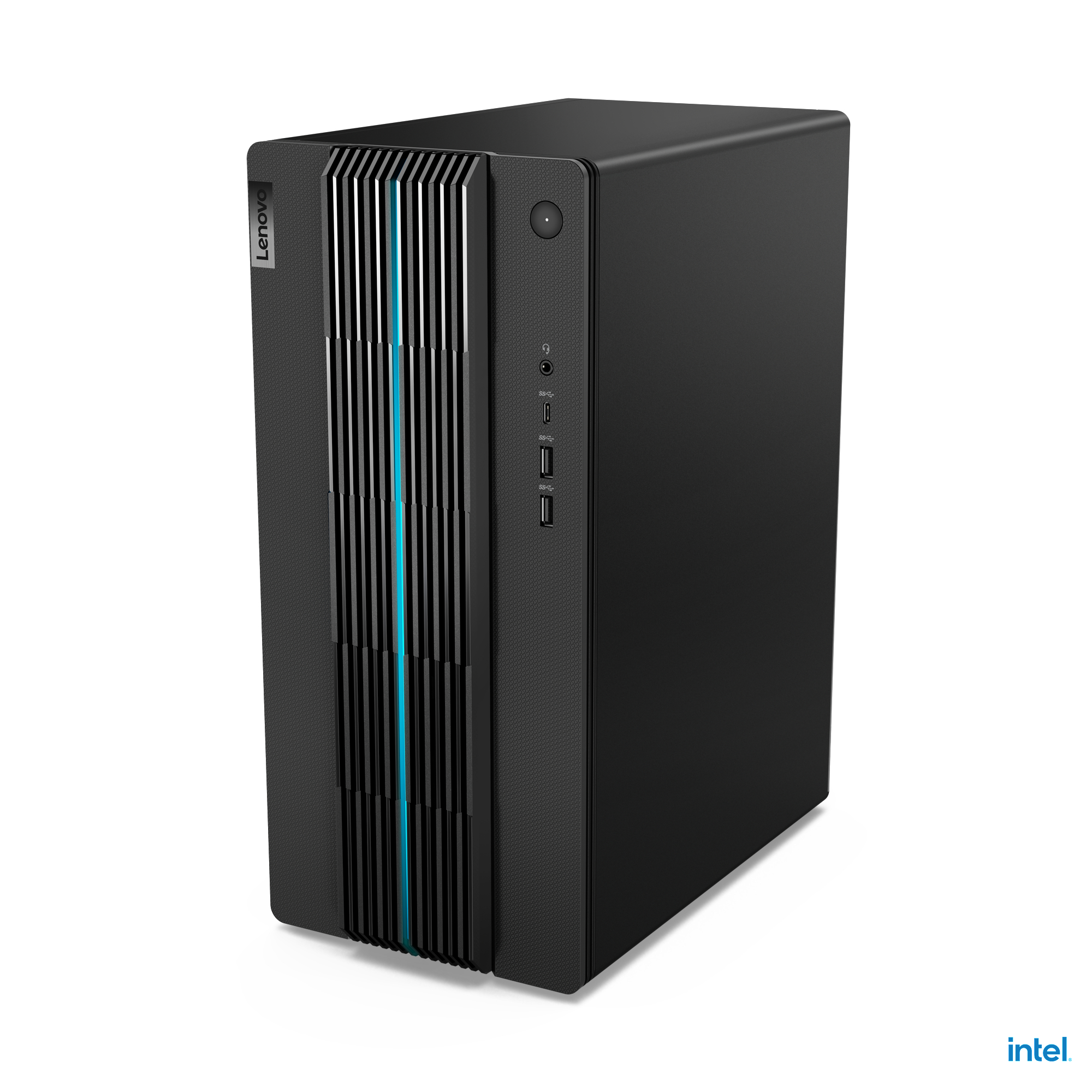 Schwarzer Lenovo Desktop-Computer. Die Vorderseite hat eine Reihe von vertikalen Linien.