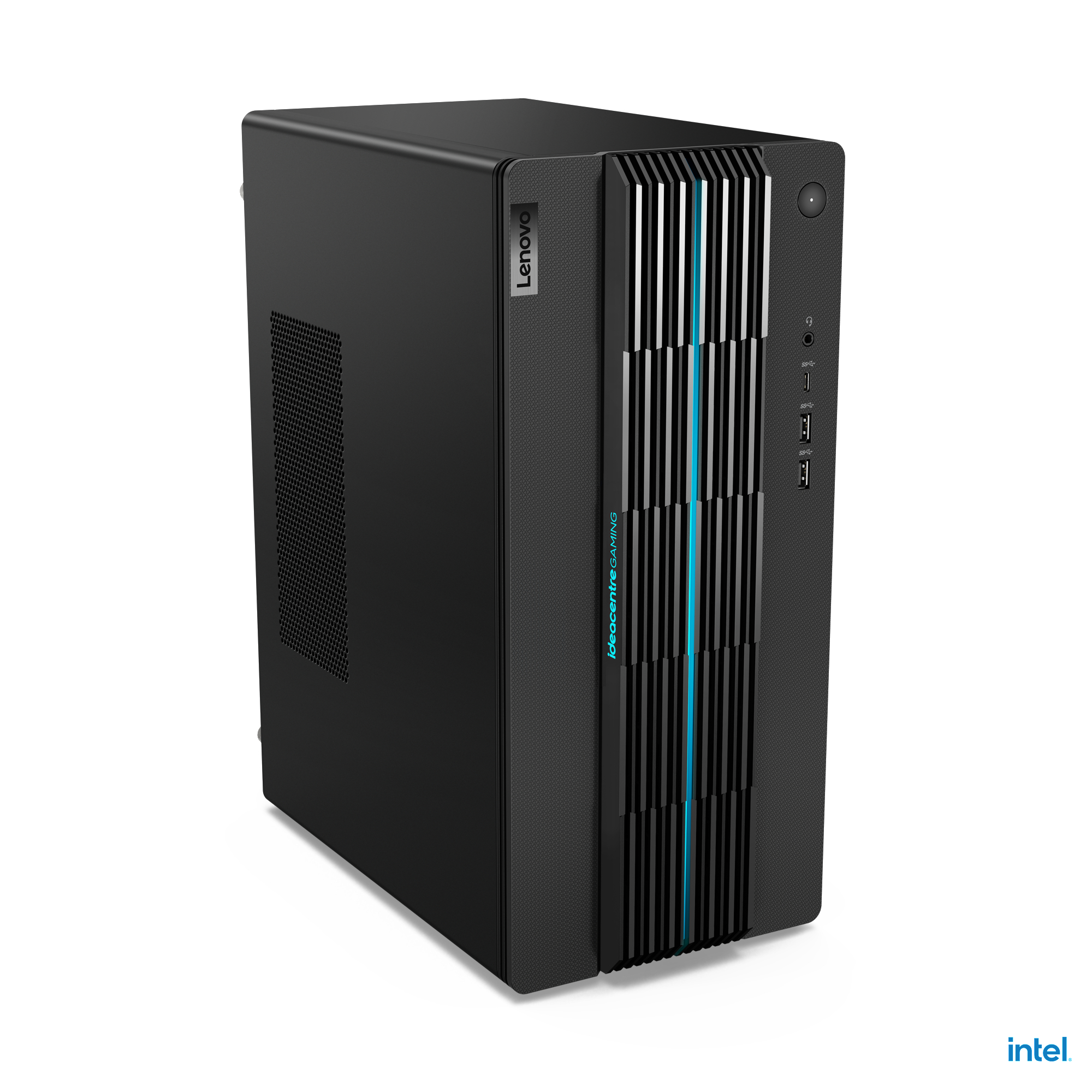 Schwarzer Lenovo Ideacentre Gaming-PC mit blauen Akzenten und Intel-Logo.