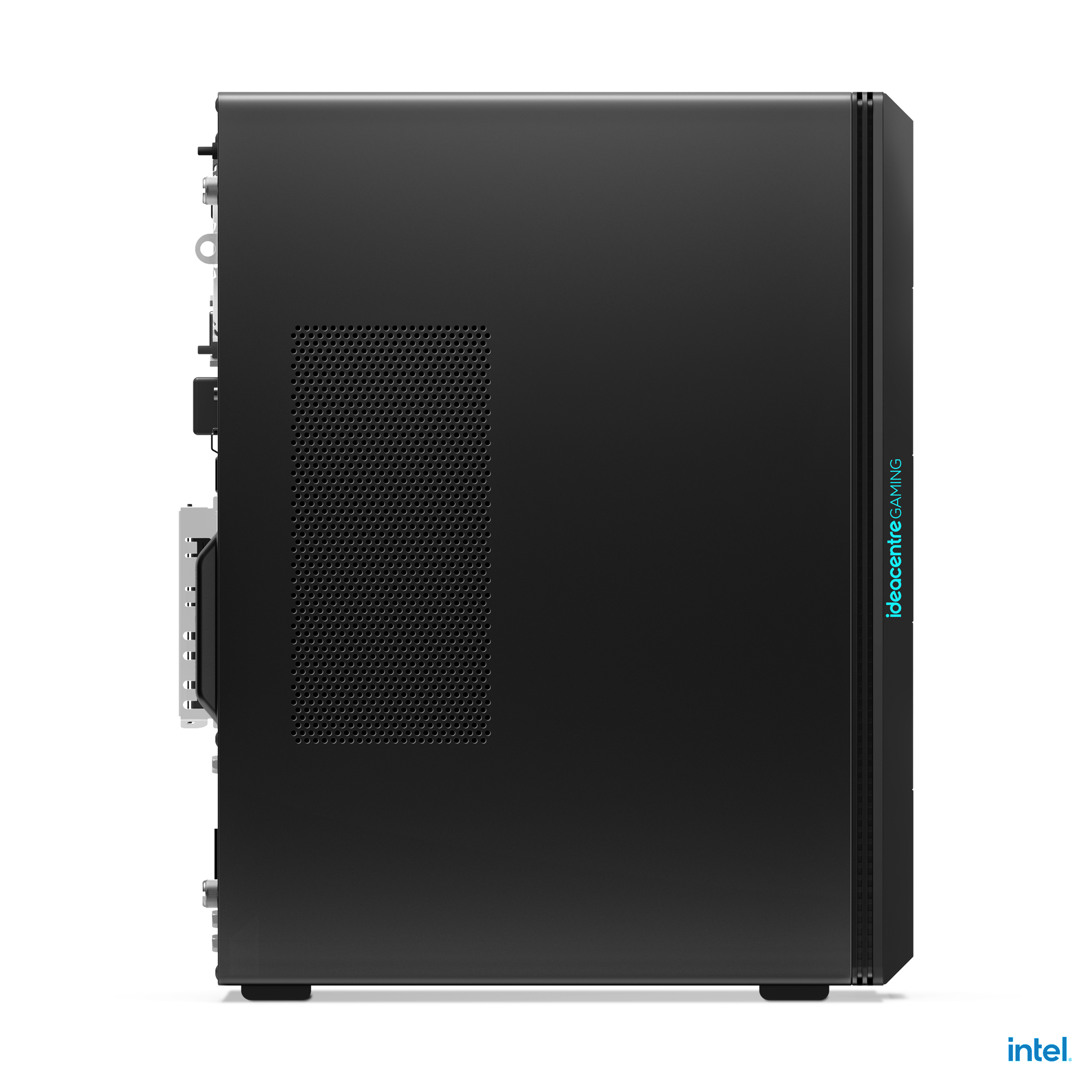 Seitenansicht eines schwarzen Ideacentre-Gaming-Computers. Er hat ein Mesh-Seitenteil und den Text 'ideacentre GAMING'.